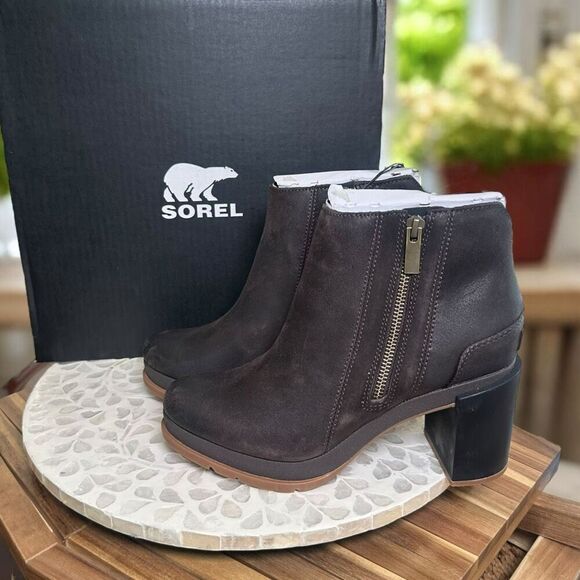 Sorel BLAKE WATERPROOF Blackened Brown Leather Block Heel Ankle Boots Women’s 8. - Picture 4 of 13